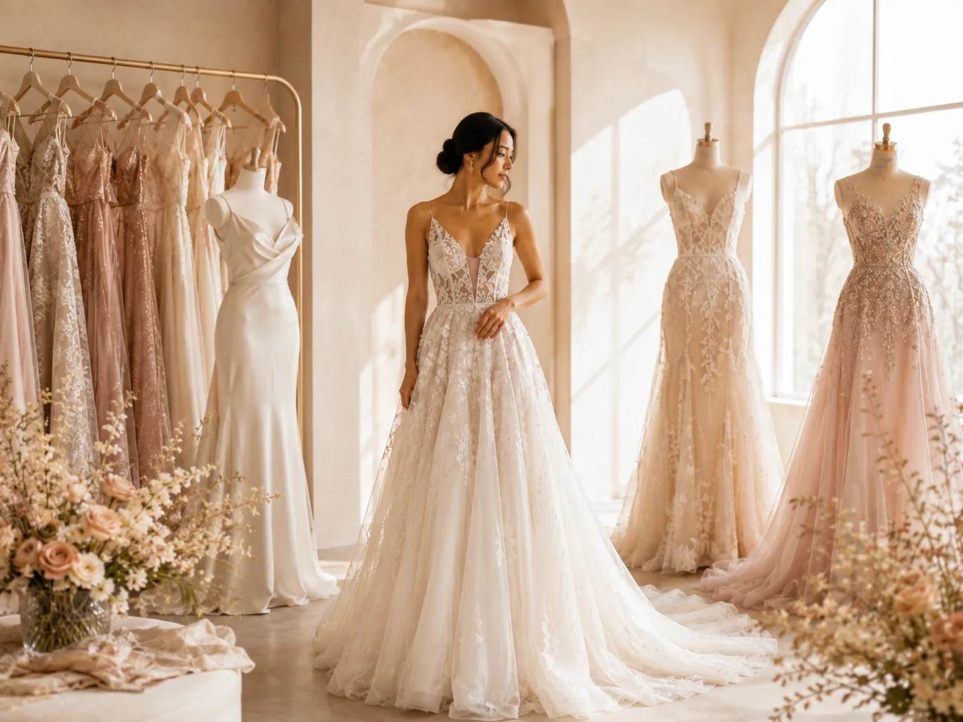 Elegant custom wedding and formal gowns in a sunlit boutique showroom