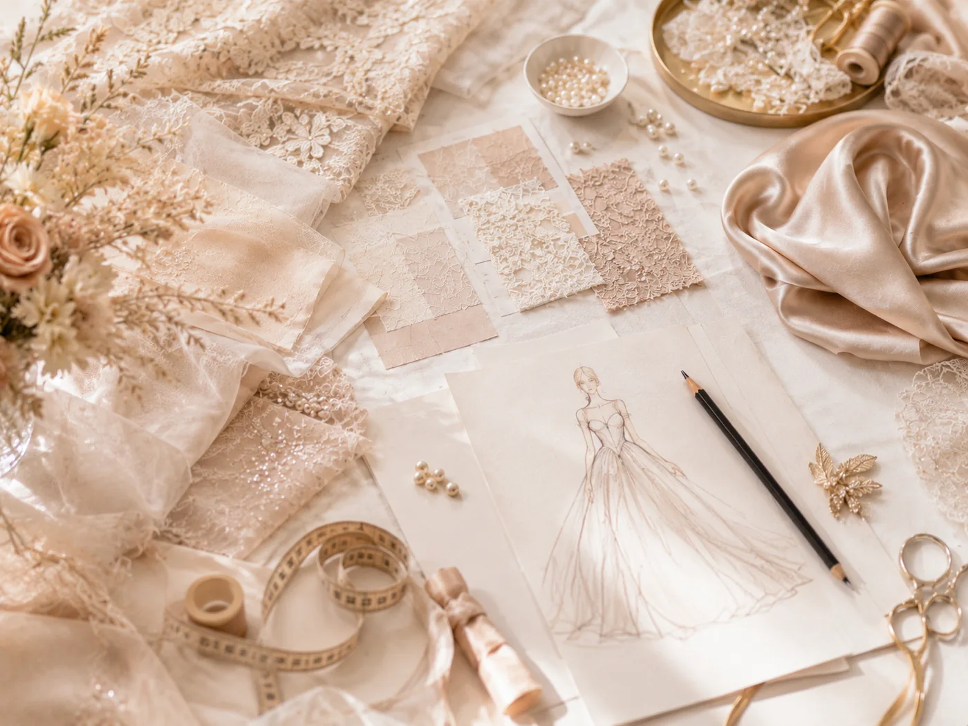 Custom dress sketch surrounded by lace, satin, pearls and fabric swatches