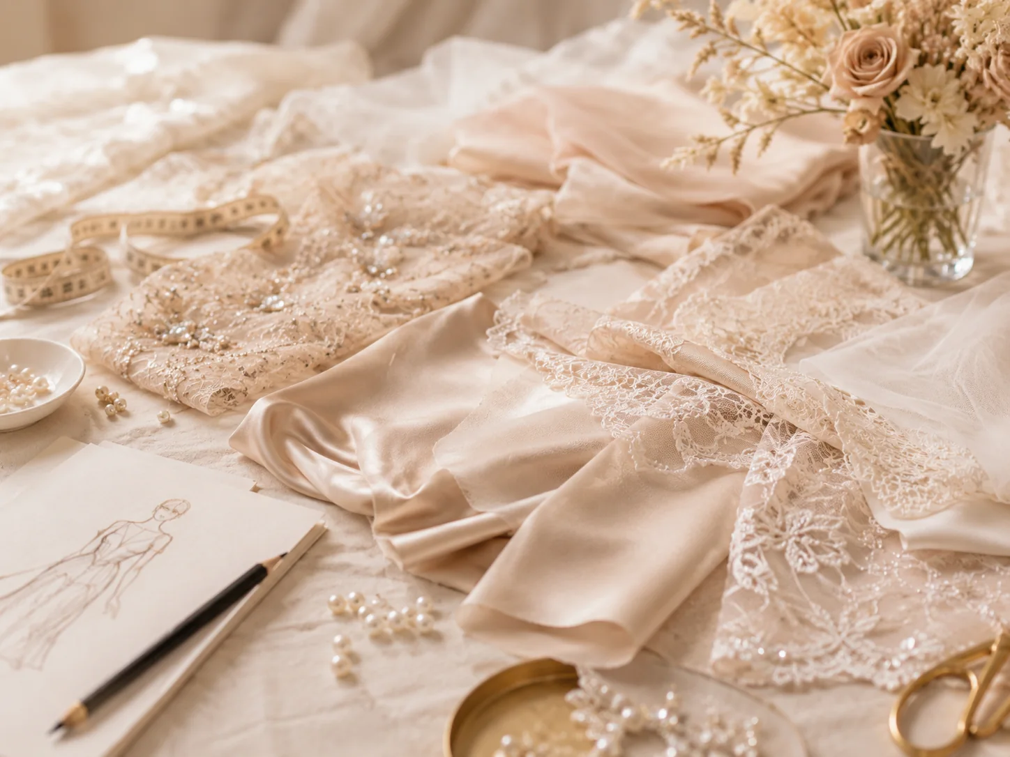 Silk, satin, lace and embellished fabric choices for custom garments