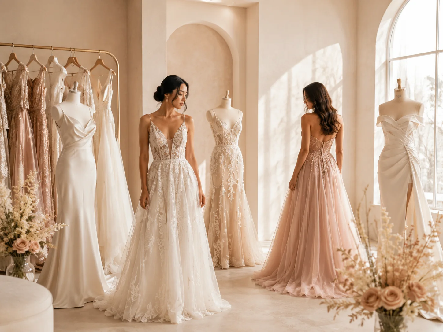Elegant custom wedding and formal gowns displayed in a boutique studio