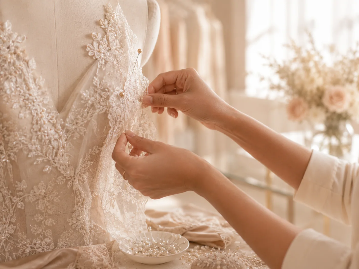 Dressmaker carefully pinning delicate lace onto a couture gown