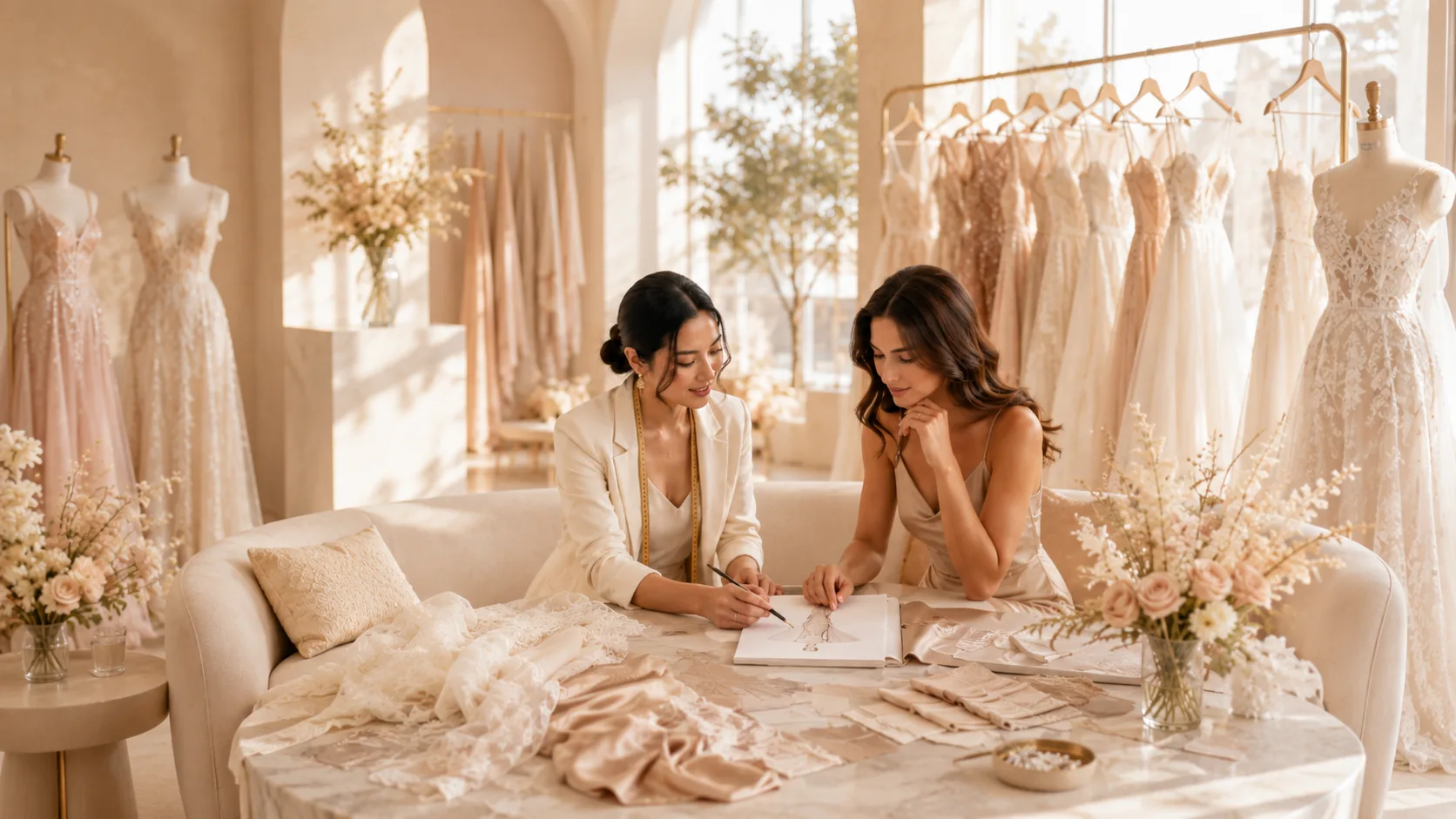 Boutique fashion designer and customer planning a custom wedding or formal gown
