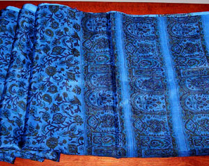 Striking silk scarf featuring deep blue tonal panels with floral and paisley motifs.
